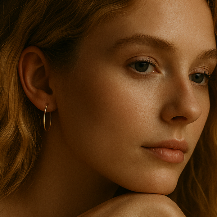 picture of woman with reddish blonde hair wearing a large hoop earring. 
