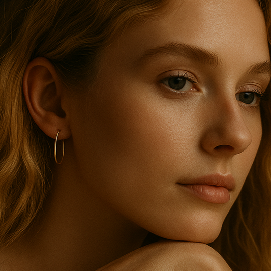 picture of woman with reddish blonde hair wearing a large hoop earring. 
