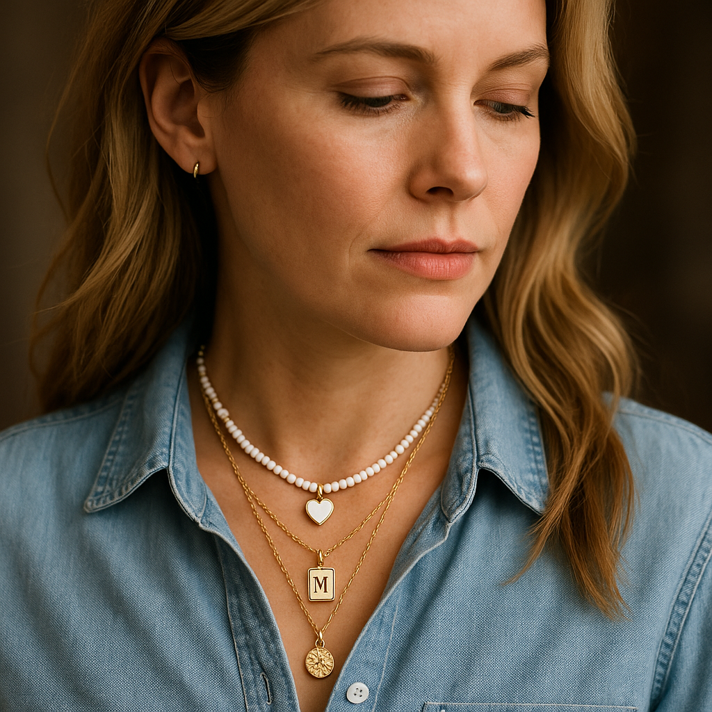 Woman wearing layered necklaces with a denim shirt against a blurred background