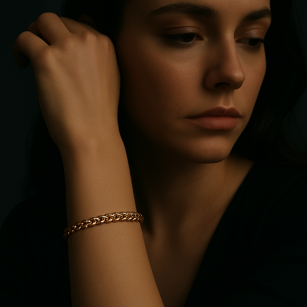 18K gold plate rope chain bracelet with intricate twisted links, displayed on a wrist