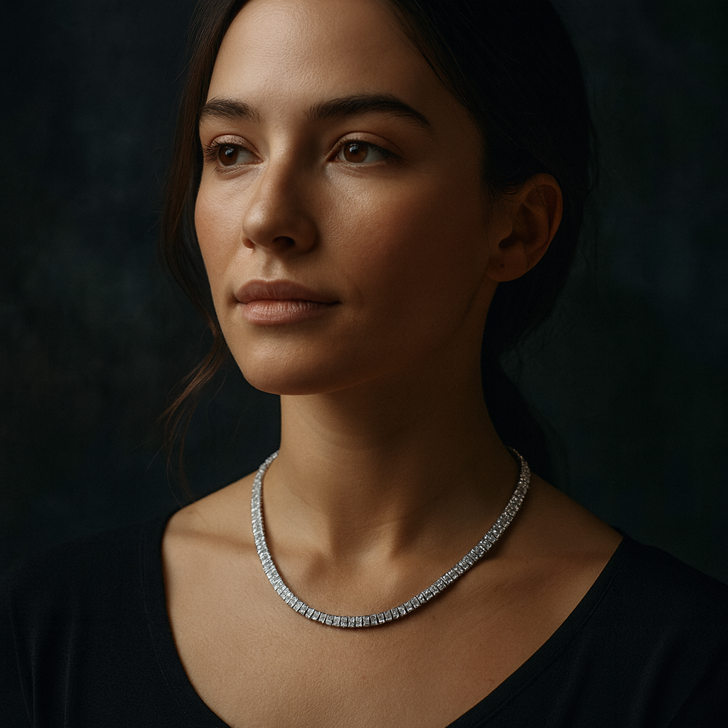 Woman wearing a diamond necklace against a dark background