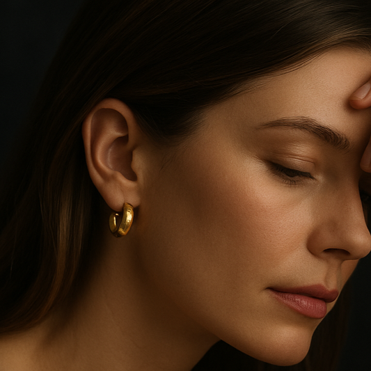 A close-up of bold, chunky gold huggie hoop earrings with a smooth, sculptural design