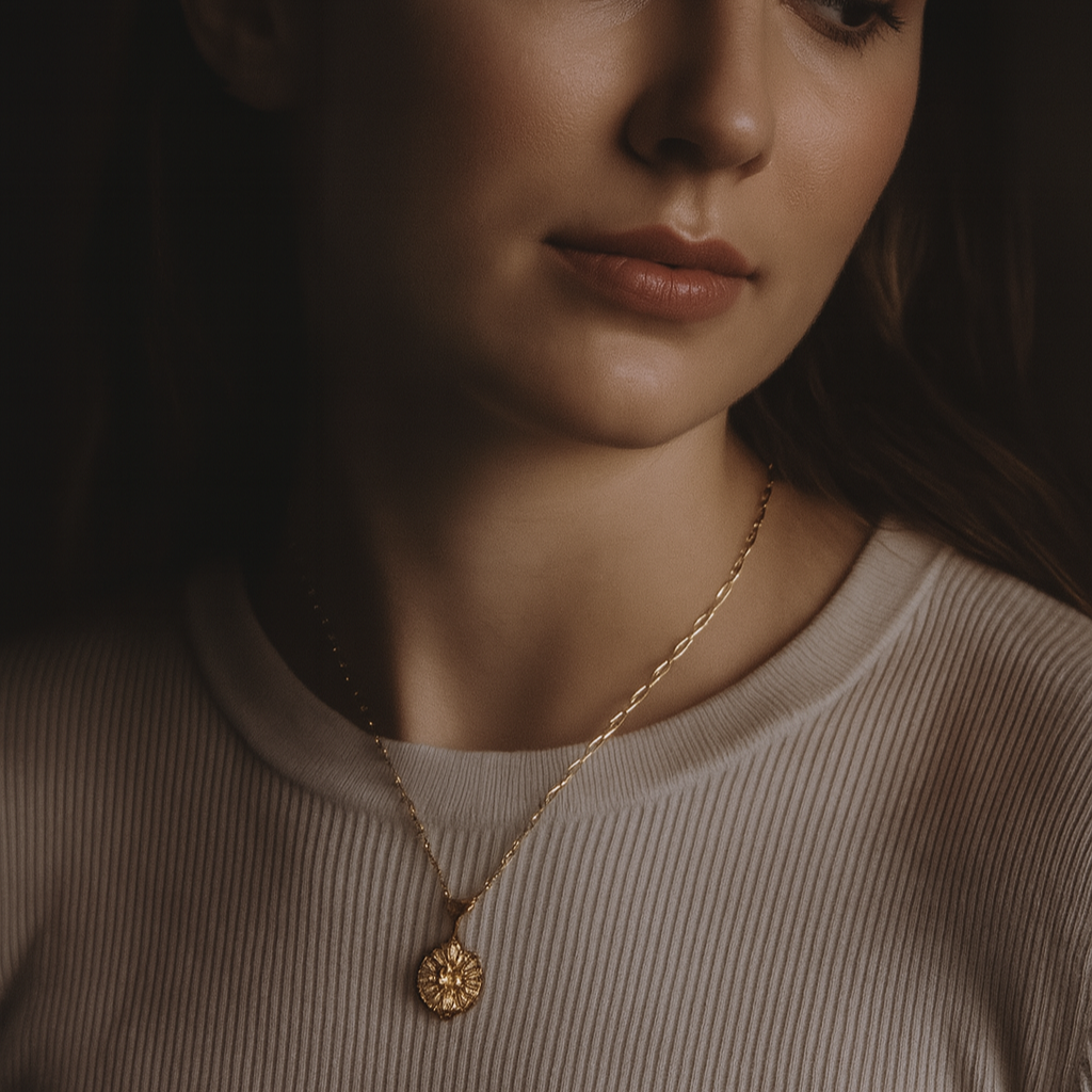 Close-up of a gold medallion necklace with sunburst detailing, hanging from a paperclip chain against a neutral background.