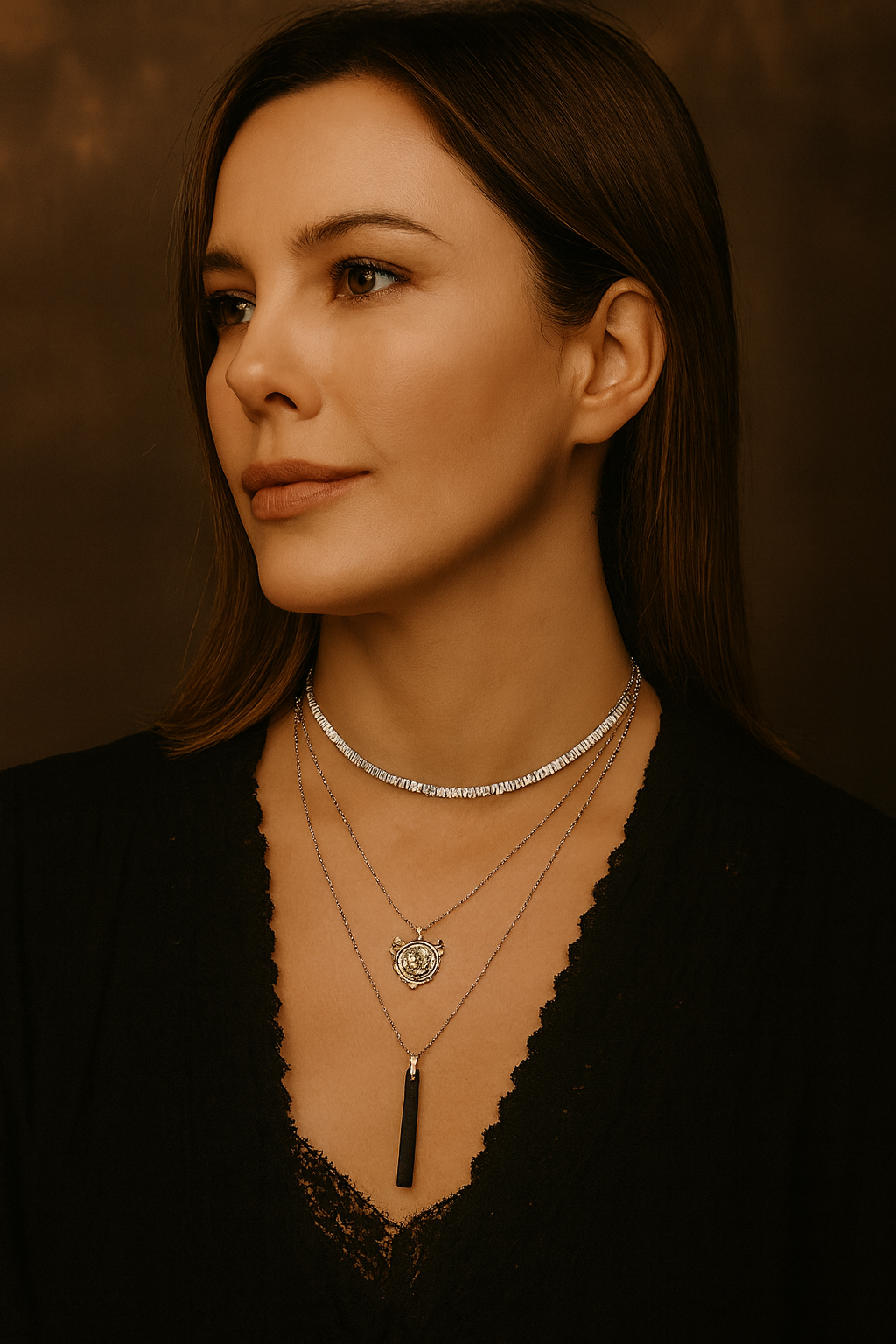 Woman wearing multiple necklaces against a warm brown background