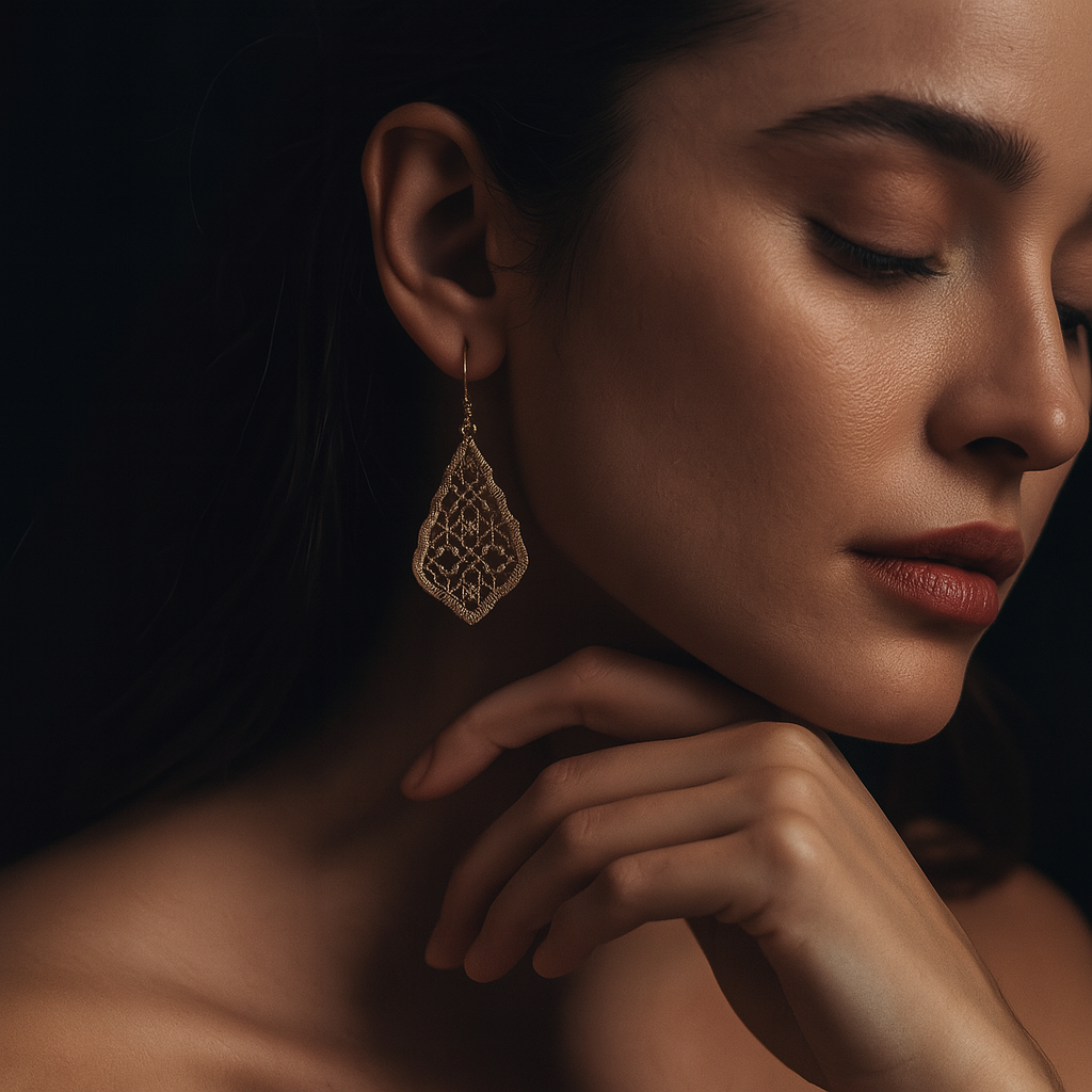 "Gold Moroccan-inspired filigree teardrop earrings with intricate lattice design, 18K gold plated, lightweight statement jewelry"